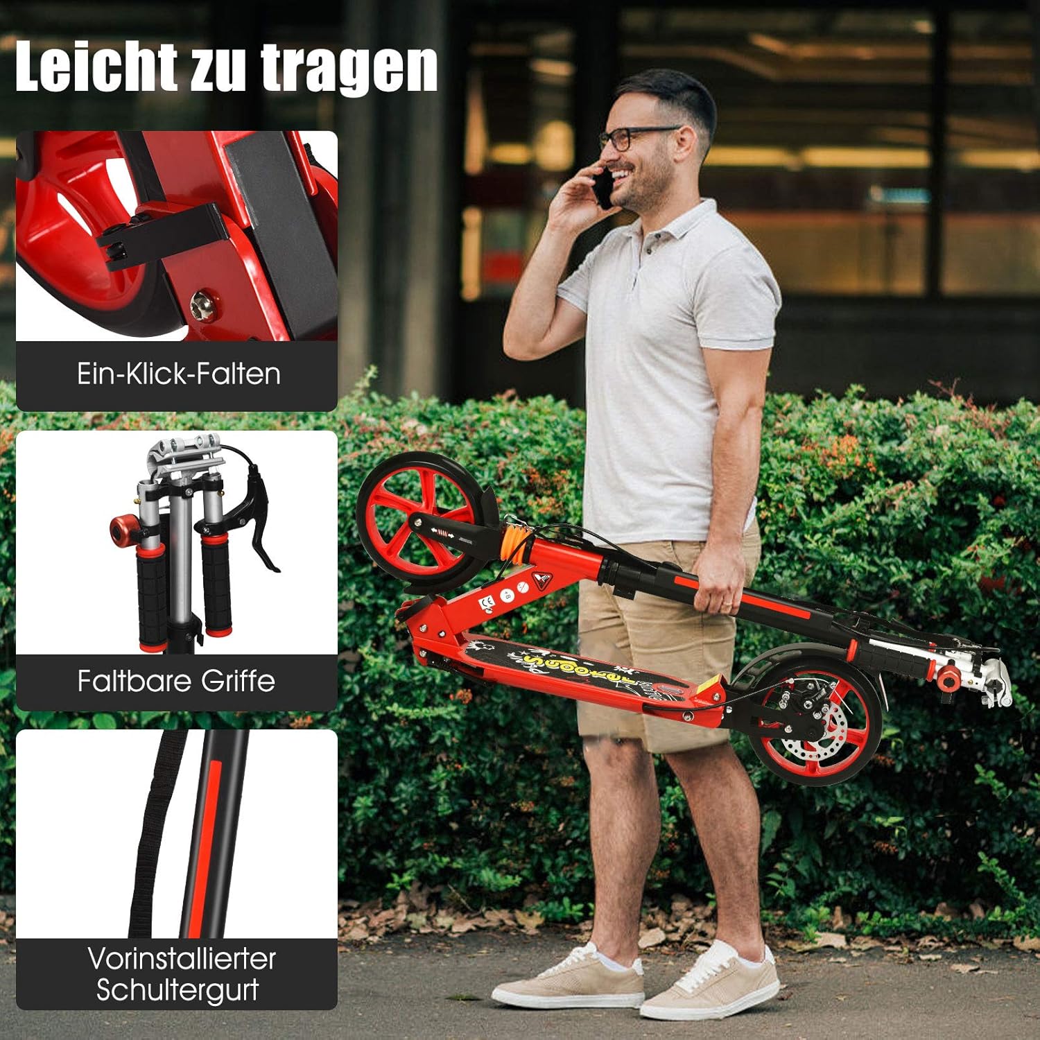 RELAX4LIFE Kickscooter Foldable & Height Adjustable, City Scooter with Bell & Stand, Scooter with Double Suspension & Carry Strap, Scooter up to 100 kg Load Capacity, for Children and Adults, PU – Bild 3