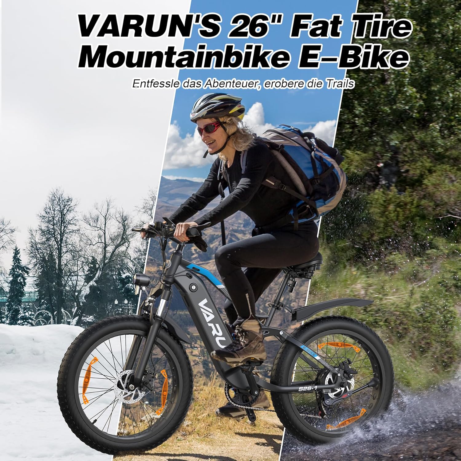 VARUN E Bike, 26 x 4.0 Zoll Ebike Herren mit 85Nm 250W Motor, 48V 18AH Akku, bis 150km Reichweite, Vollfederung, 5 PAS LCD-Display, 25km/h, 7 Gang, Offroad E-Bike für alle Geländearten – Bild 6