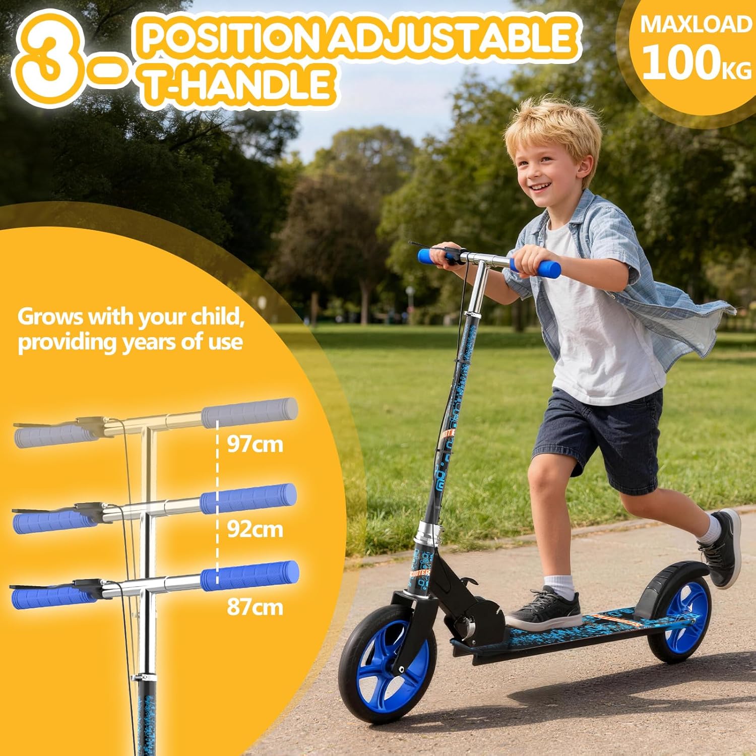 Kinderroller, Scooter für Kinder ab 6 Jahre, Klappbarer Cityroller mit Handbremse, ABEC-7 Kugellager, 3-Fach Höhenverstellbar, Aluminium Tretroller für Jungen & Mädchen – Bild 5