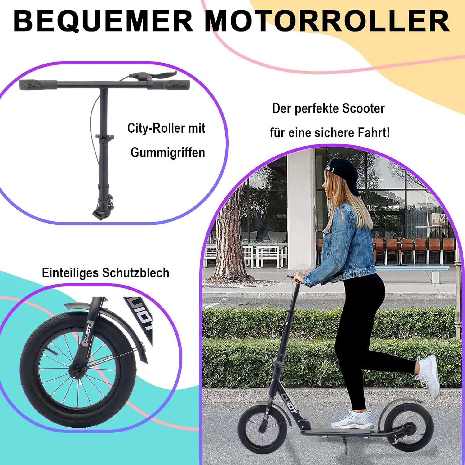 Adult Folding Scooter with Hand and Pedal Brake, 290 mm Wheels PU Big Wheel for Teenagers and Adults up to 150 kg, Height-Adjustable and Foldable City Scooter – Bild 2