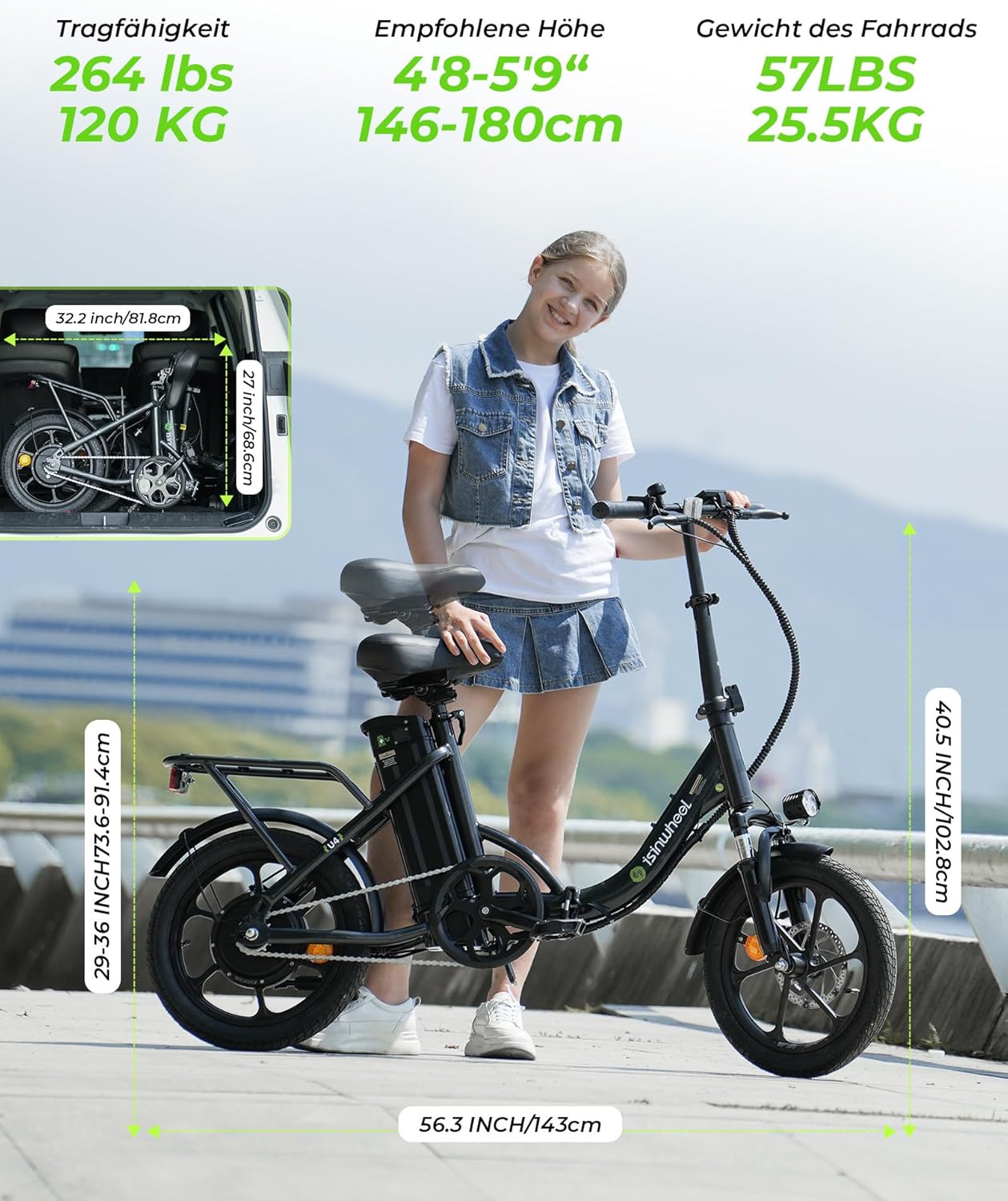 Finbike Folding Bike E-Bike 16 x 2.15 Inch Fat Tire, Portable Electric Bicycle with 10.4 Ah Removable Battery, 4 Riding Modes, PAS Range Max 88 Km, Folding Electric Bikes for Men Women Commuting – Bild 8