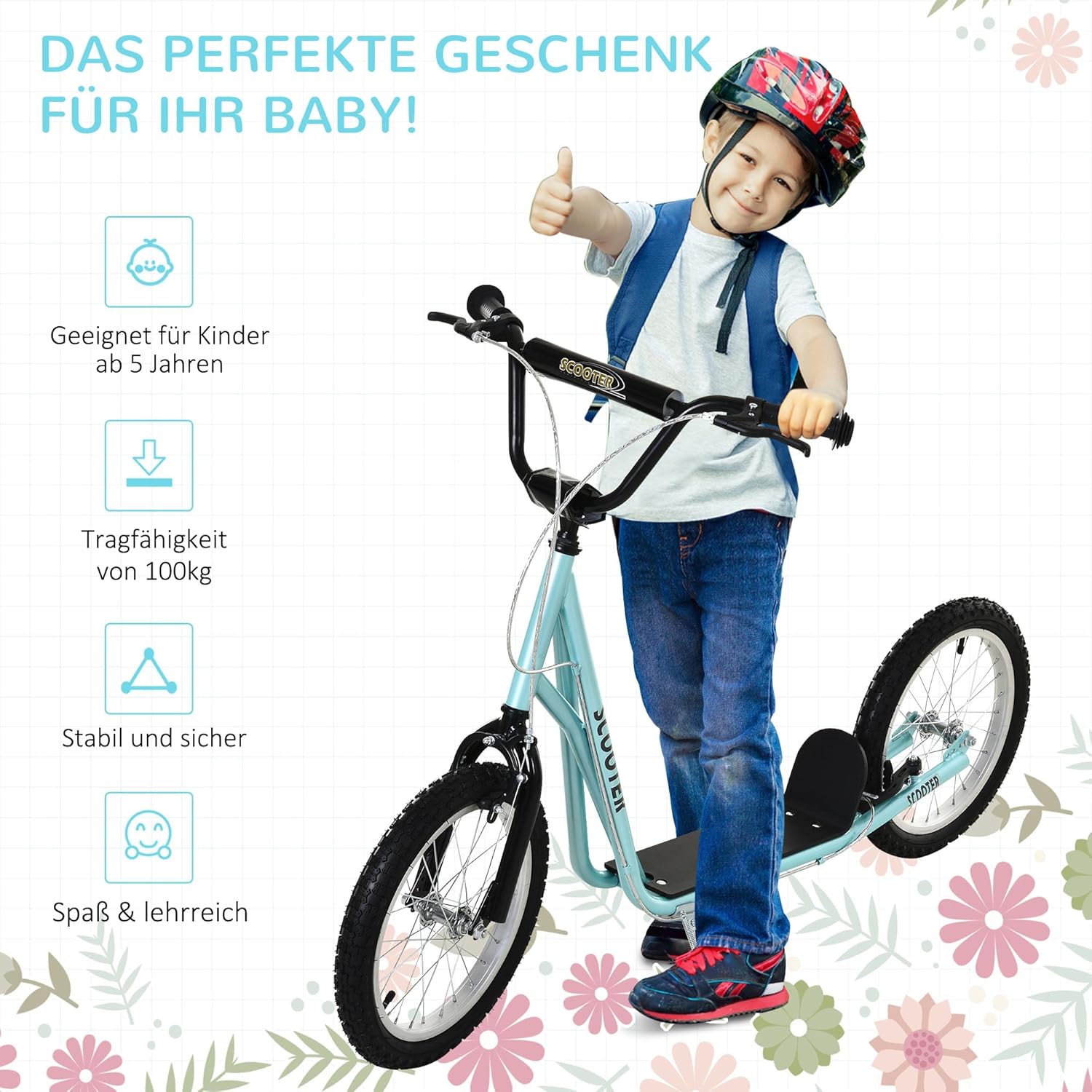 HOMCOM Children's Scooter, City Scooter, Kickboard, Pneumatic Tyres, 16 Inches, Blue/Green/White/Black, 139 x 58 x 90-96 cm – Bild 5