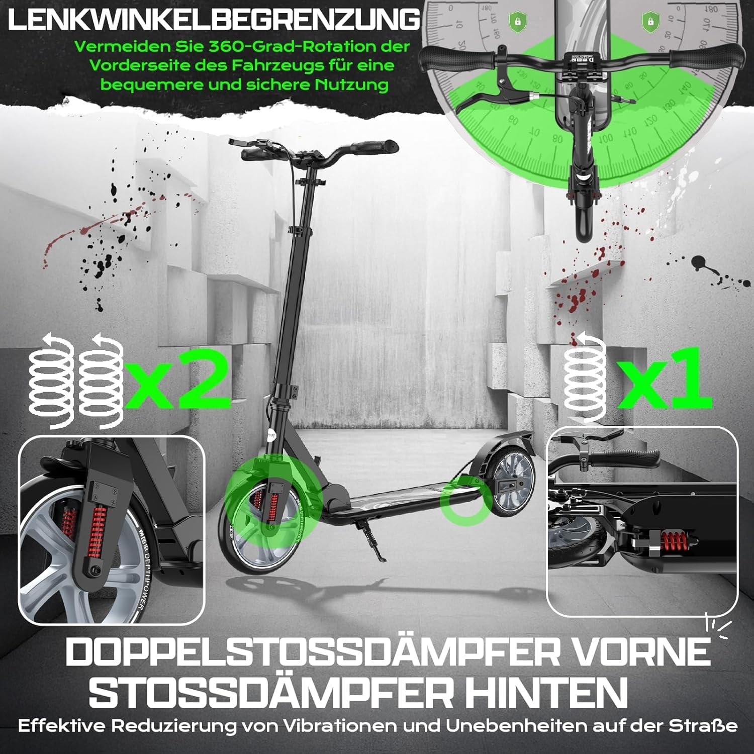 Adult Scooter up to 150 kg - Folding Scooter with 230 mm Wheels & ABEC-9, Height-Adjustable City Scooter Large Wheels with Disc Brake & Shock Absorber, Scooter from 8 Years, Teenagers – Bild 4