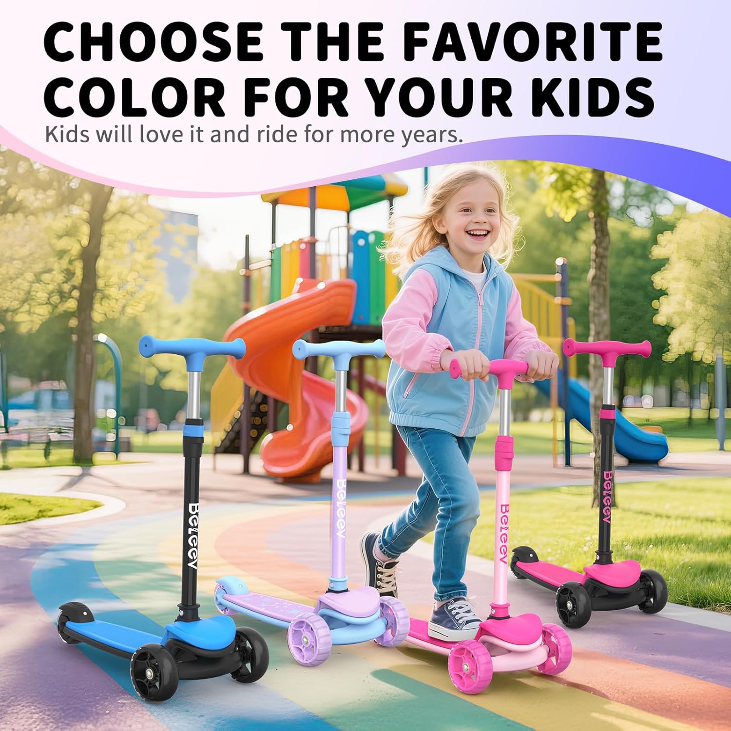 BELEEV A8 Scooter Children 6 Years, Foldable Premium Tricycle Scooter with LED Light Wheels, 4 Height Adjustable, Extra Wide & Non-Slip Platform, 3 Wheels Scooter for Girls Boys 3-12 Years – Bild 7