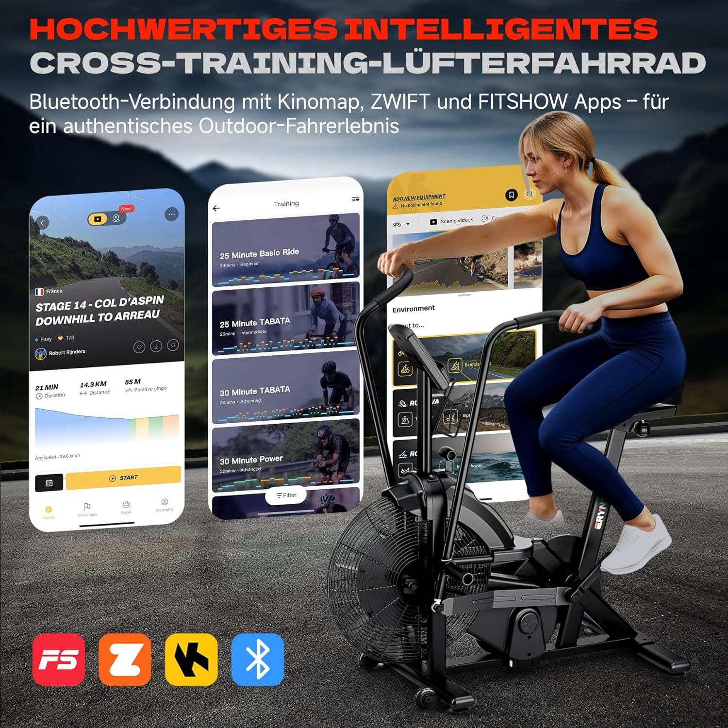Air Bike, Heimtrainer Fahrrad Air Bike mit Luftwiderstand, Trainingsfahrrad mit Einstellbarem Magnetwiderstand, Leises Indoor-Fitnessbike für Ganzkörpertraining, LCD Monitor, App Verbindung – Bild 5