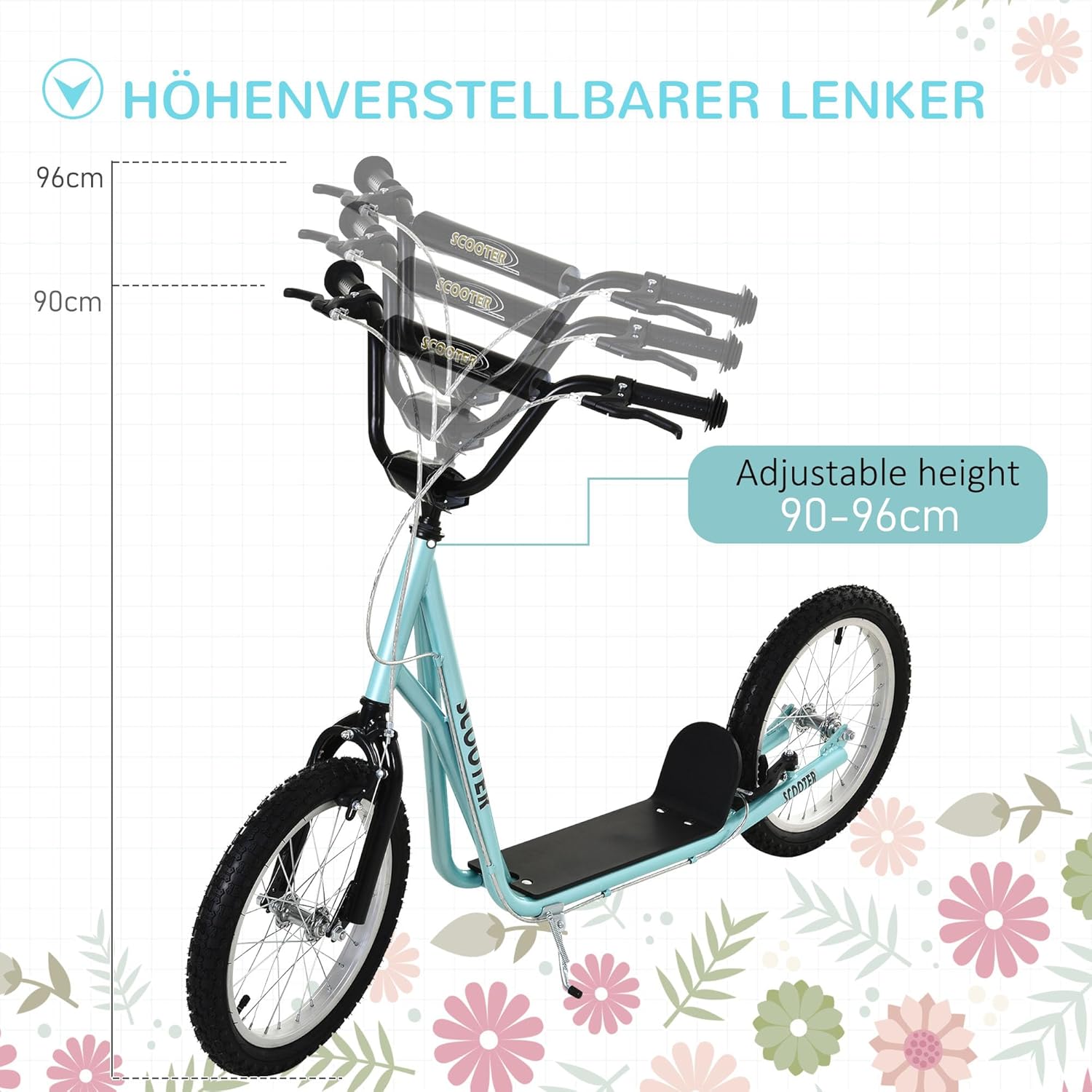 HOMCOM Children's Scooter, City Scooter, Kickboard, Pneumatic Tyres, 16 Inches, Blue/Green/White/Black, 139 x 58 x 90-96 cm – Bild 3