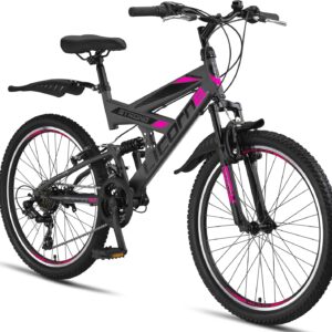 Licorne Bike, Premium mountain bike in 26 inches – bicycle for boys, girls, women and men – Shimano 21 speed gears – full suspension – strong bike.