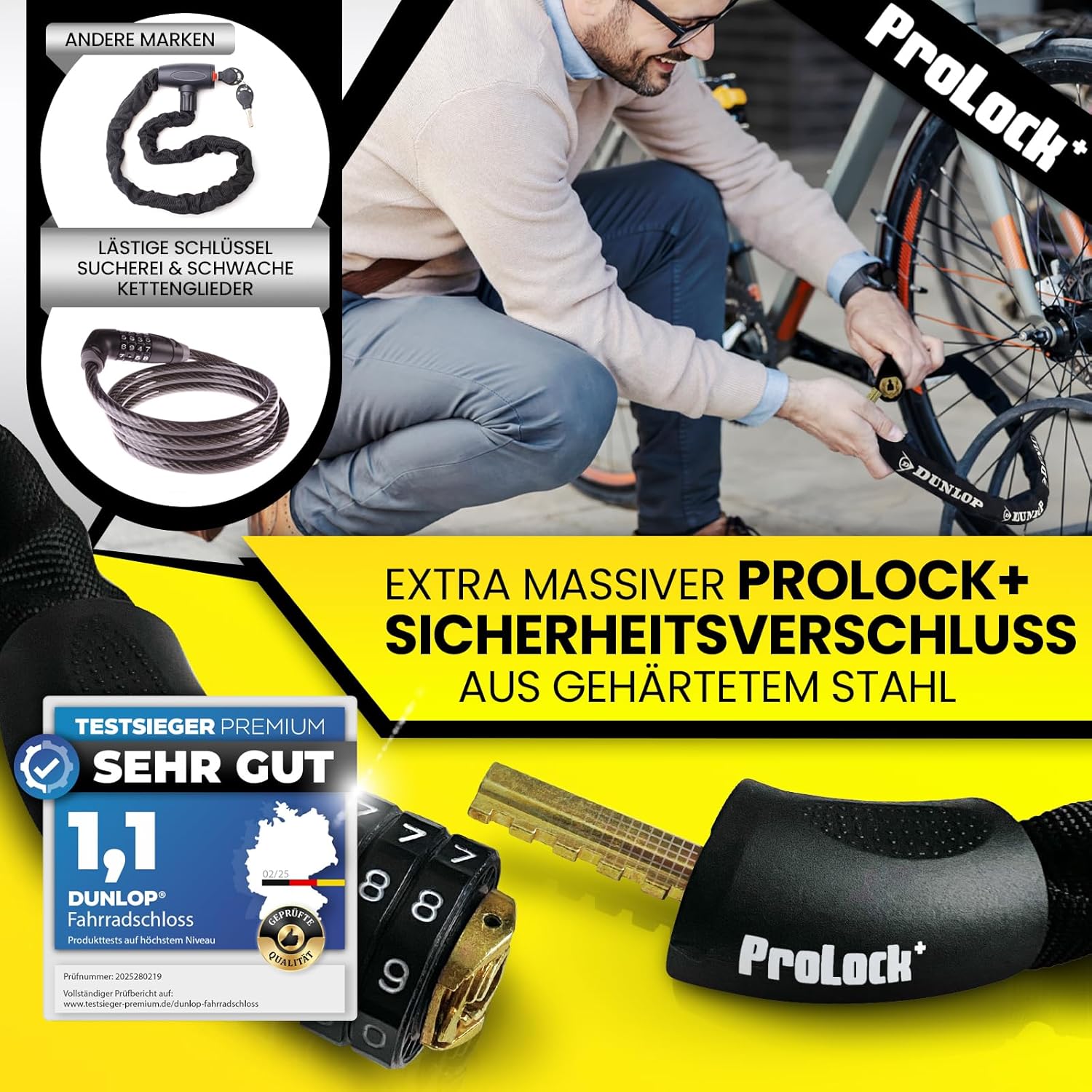 Dunlop Bicycle Lock Combination Lock Bicycle Lock - High Security Level 8-100 cm Bicycle Lock with 5 Combination Code - Chain for E Bike Scooter Ebike Numbers Bicycle Lock Pro Lock Black – Bild 3