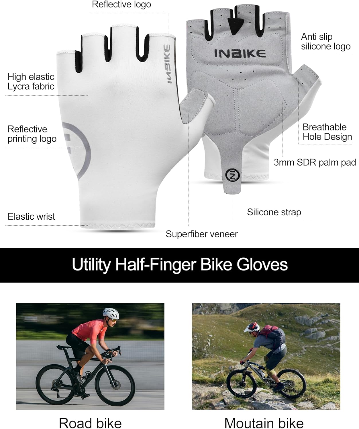 INBIKE Cycling Gloves Summer Half Finger Breathable Elasticity Road Bike 3 mm SDR Non-Slip Padding Reflective Cycling Gloves MTB Gloves Short Men Women – Bild 6