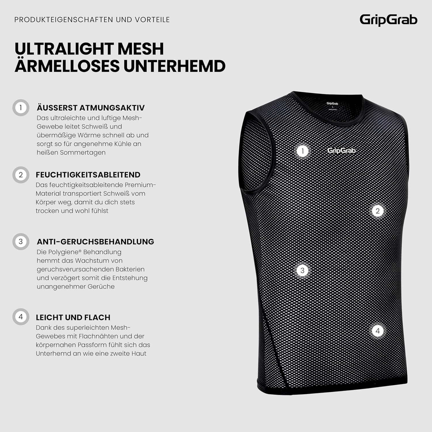 GripGrab Ultralight Pack of 1 and 3 Cool Mesh Summer Road Bike Base Layer Men's Cycling Undershirt Sleeveless Thin Cycling – Bild 4