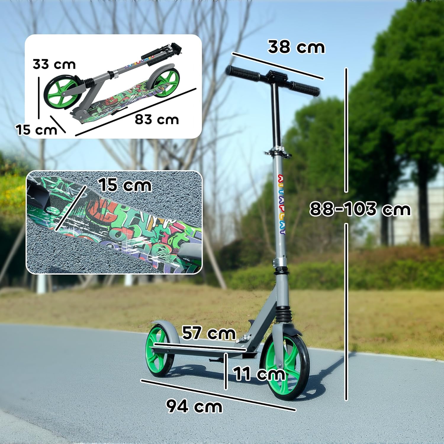 AIYAPLAY Children's Foldable Scooter with Adjustable Handlebar Height, 2 Large Wheels, Rear Mudguard Brake, Scooter for Children from 6-12 Years – Bild 7