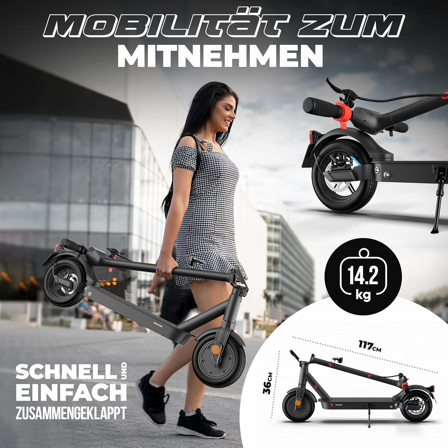 DIGGER ES3 E-Scooter with Road Legal, 350 Watt Motor Power, Pneumatic Tyres, Road Legal, Shock Absorber, Foldable, Disc Brake, for Adults – Bild 7