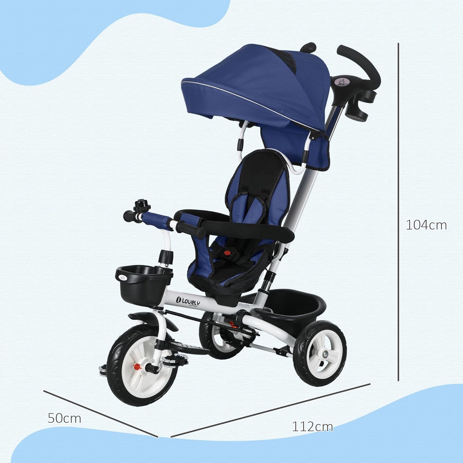 HOMCOM 6-in-1 Tricycle with Push Bar, Foldable, Children's Tricycle with Seat Belt, Removable Sun Canopy, Basket, Drink Holder, Pedal, for 1-5 Years Children, up to 25 kg, Blue – Bild 7