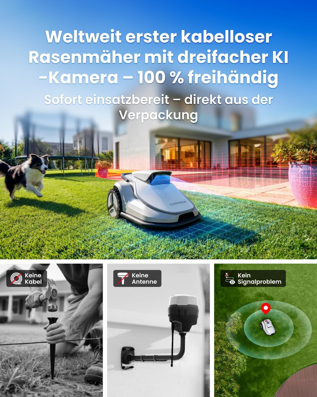 TerraMow V600 Robotic Lawnmower without Boundary Cable with Garage, Tri-AI Vision Technology without Cable/RTK Signal Problems, DropMow Automatic Mapping Max 600 ㎡, AI Vision Navigation 3.8Ah Battery – Bild 2