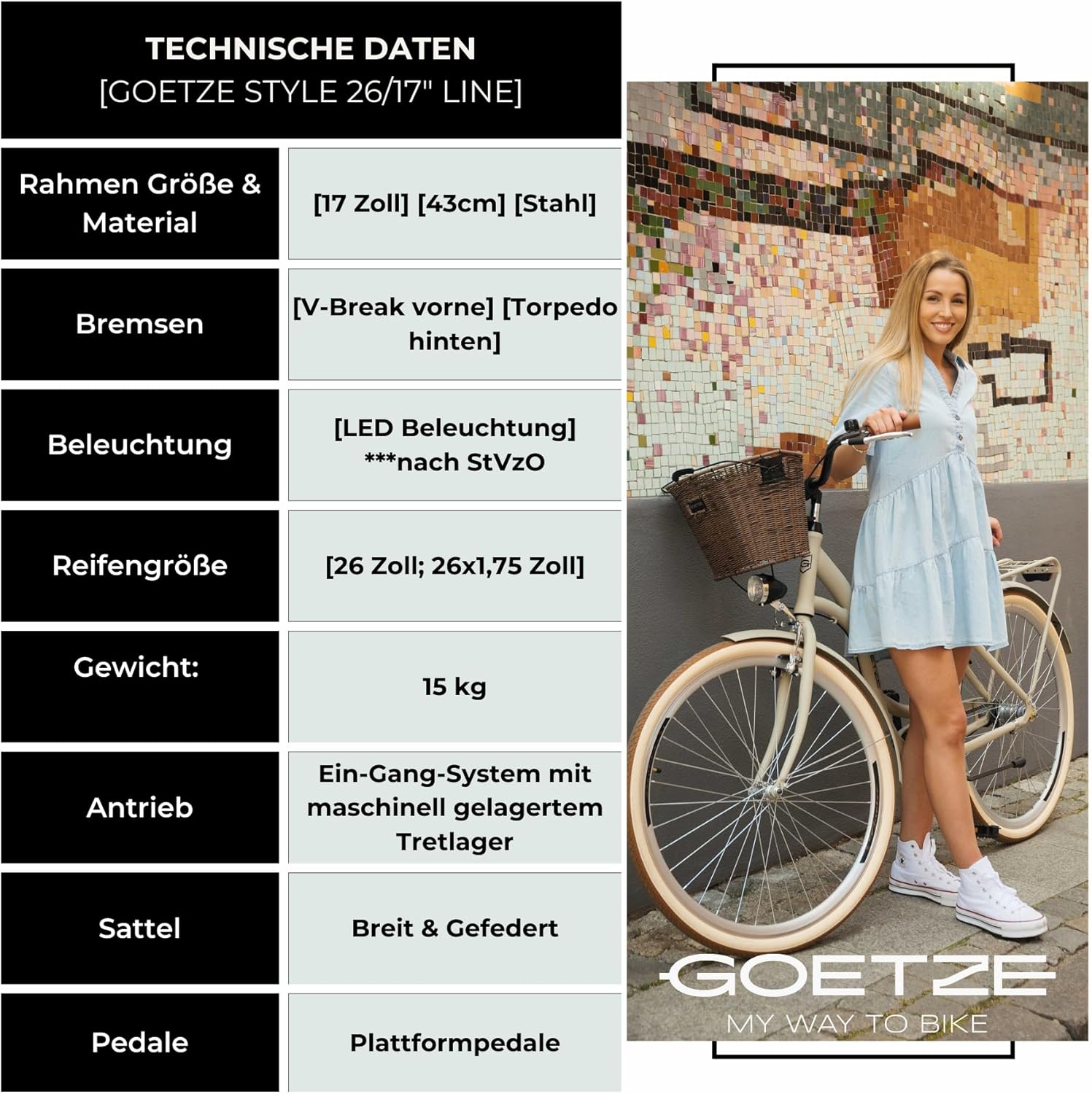 Goetze Style 26 Inch Women's City Bike, 17 Inch Low Entry Frame, 1-Speed Coaster Brake, Front V-Brake, LED Lighting, Luggage Rack, Rattan Basket, Comfort Saddle, with Stand & Bell – Bild 11
