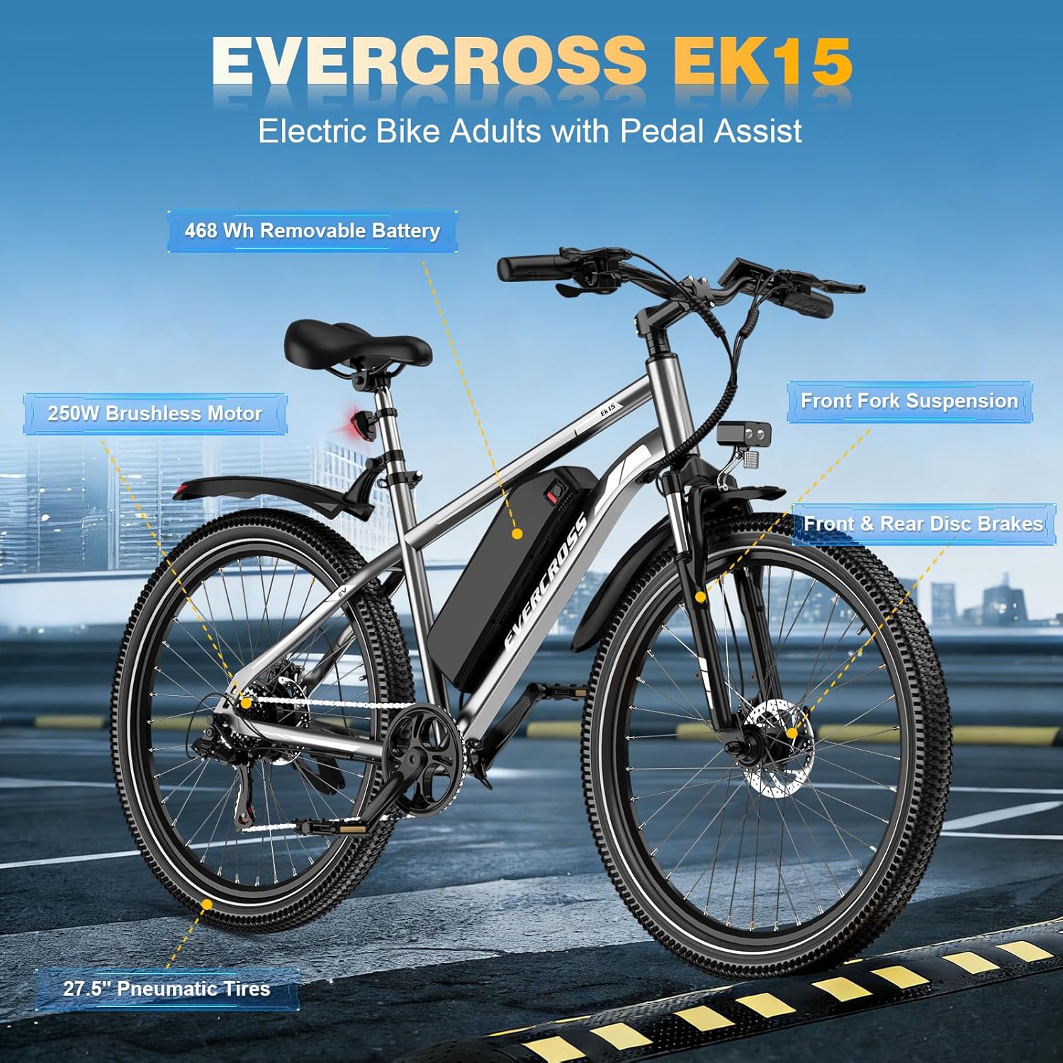 EVERCROSS EK15 E-Bike for Adults, 27.5 Inch Electric Bicycles with Foot Pedal - App, 250 W Motor, 36 V 13 Ah Battery, 15/20/25 km/h, 7 Speed Gear, Urban Electric Bicycle Mountain Bike for Unisex – Bild 2