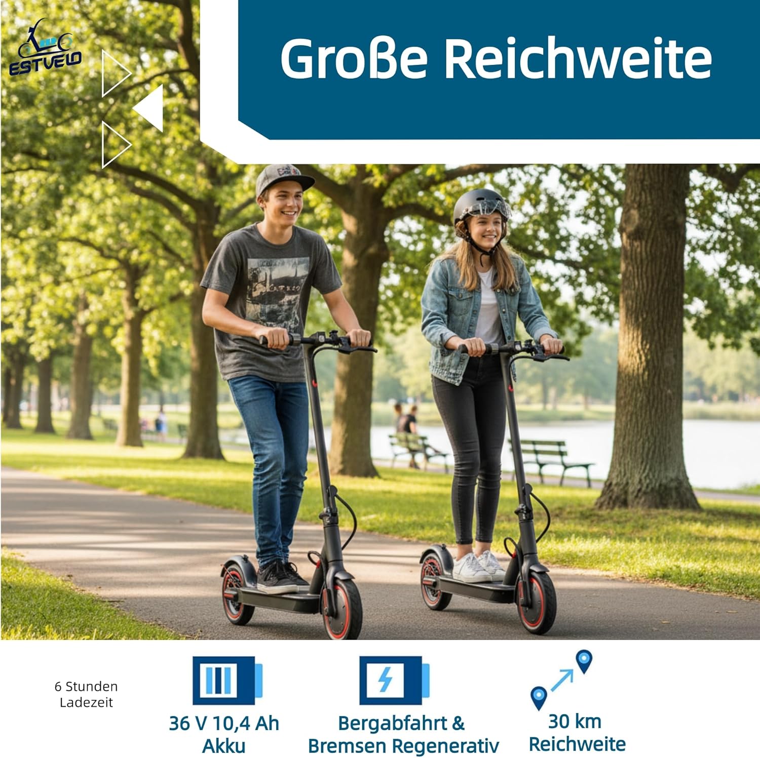 E Scooter S4, with Widened Pneumatic Tyres, Max. 20 km/h Speed, 30 km Range, 15% Incline, Load up to 120 kg, Regenerative Braking, Foldable Electric Scooter for Adults – Bild 3