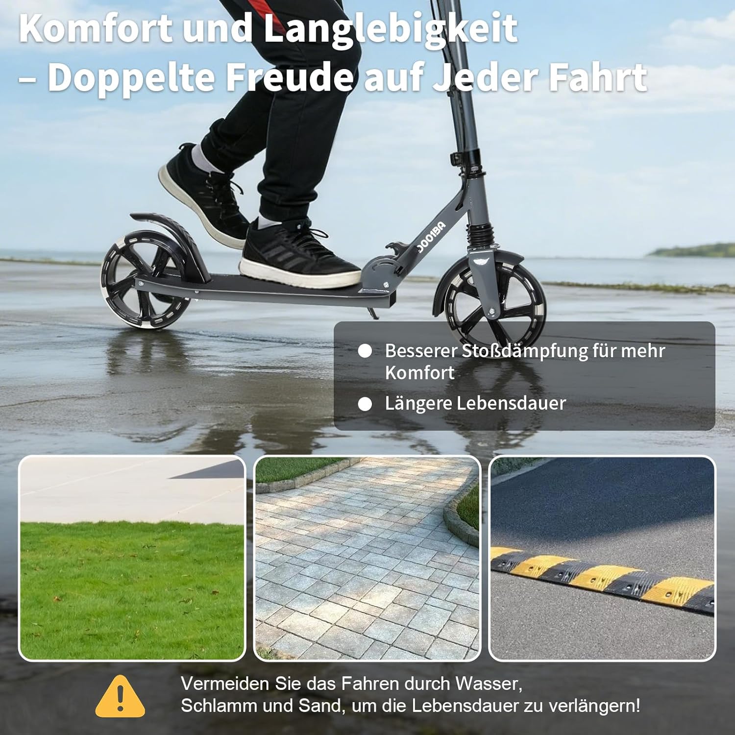 200 mm LED Big Wheel Scooter NV-D001BA with Light Wheels - Foldable City Scooter for Children from 9 & Teenagers (125-175 cm), Suspension & Double Brake, Scooter up to 100 kg, Grey/Red/Blue – Bild 4