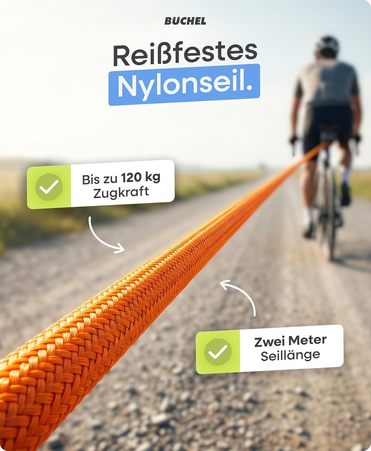 Büchel Bicycle Tow Rope up to 120 kg - 2.20 m Tow Rope Bicycle Children with Pull Tab & Abrasion Protection - Sturdy Carabiner & 3-Way Mountable for Adult & Children's Bikes – Bild 3