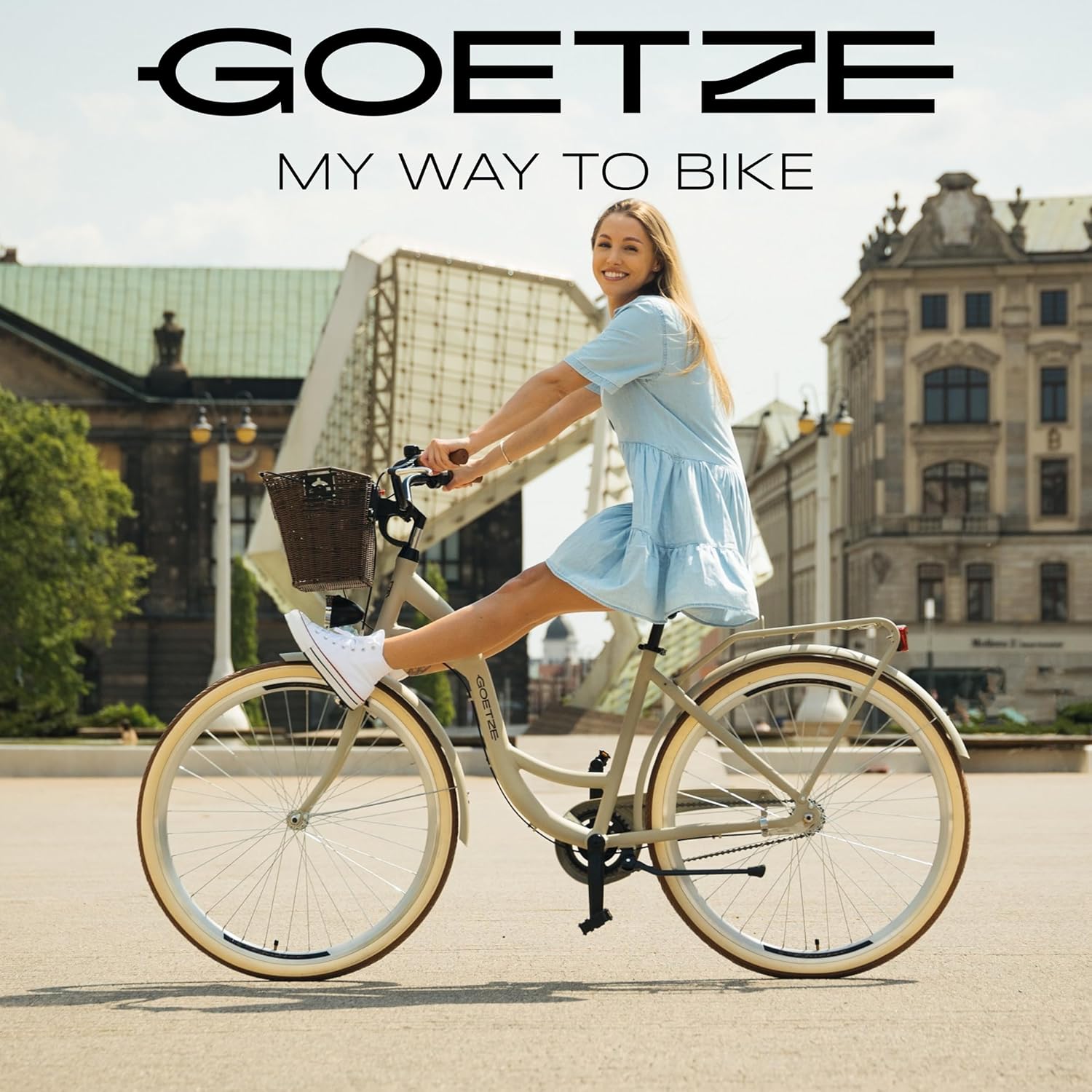 Goetze Style 26 Inch Women's City Bike, 17 Inch Low Entry Frame, 1-Speed Coaster Brake, Front V-Brake, LED Lighting, Luggage Rack, Rattan Basket, Comfort Saddle, with Stand & Bell – Bild 4