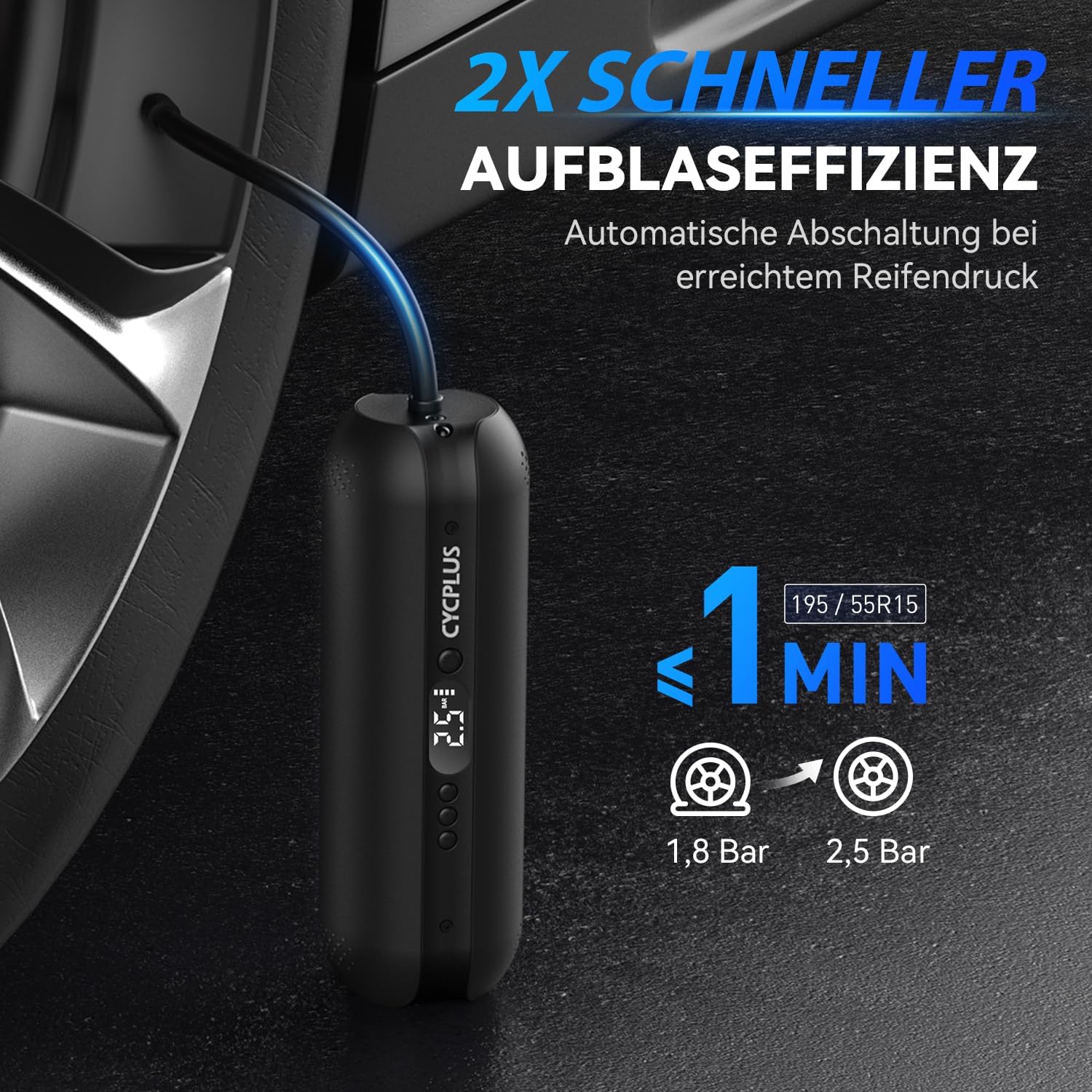 CYCPLUS Luftpumpe,12V DC/AC 2-in-1,Max I50PSI Automatische Abschaltung Elektrischer Kompressor Tragbar Fahrradpumpe Mini Reifenpumpe für alle Fahrräder Motorräder und Autos – Bild 2