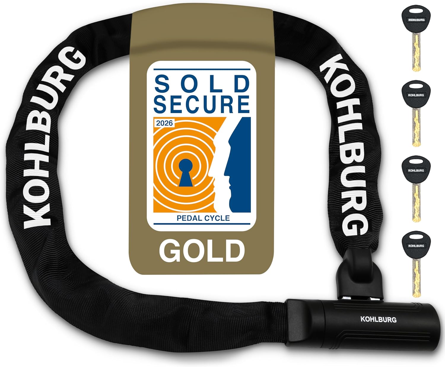 KOHLBURG Security Chain Lock 125 cm Long with 8.3 mm Thick 4-Edge Chain Made of Hardened Special Steel - Secure Bicycle Lock with 4 Keys for E-Bike Bicycle and Motorcycle