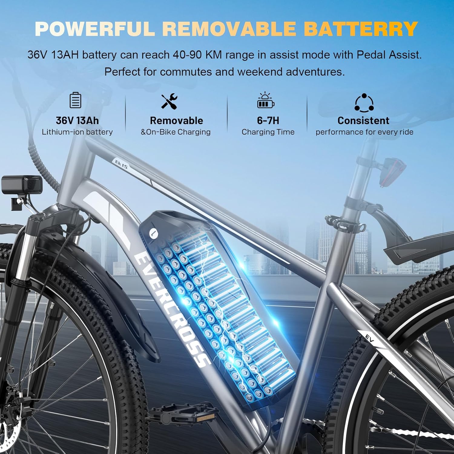 EVERCROSS EK15 E-Bike for Adults, 27.5 Inch Electric Bicycles with Foot Pedal - App, 250 W Motor, 36 V 13 Ah Battery, 15/20/25 km/h, 7 Speed Gear, Urban Electric Bicycle Mountain Bike for Unisex – Bild 4