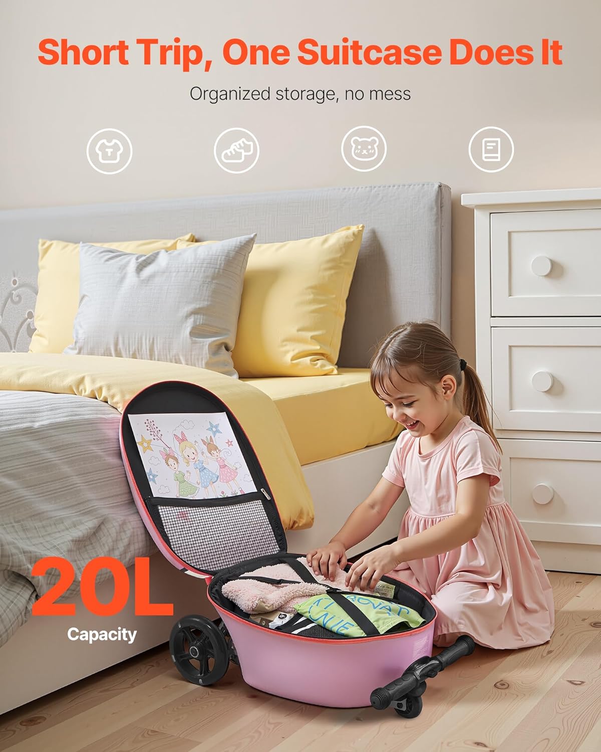 VEVOR Scooter Suitcase, 20L Capacity, Travel Suitcase with Flash PU Wheels, TPR Non-Slip Handle, Max Weight Capacity 50kg, Kids Suitcase, Hand Luggage, for Ages 5 and Above, Purple – Bild 6
