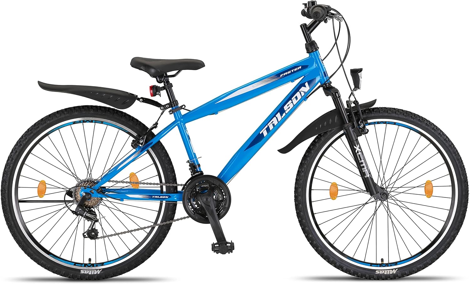 Talson 26 Inch Mountain Bike Bicycle with 21 Speed Shimano, Fork Suspension and Lighting, Blue