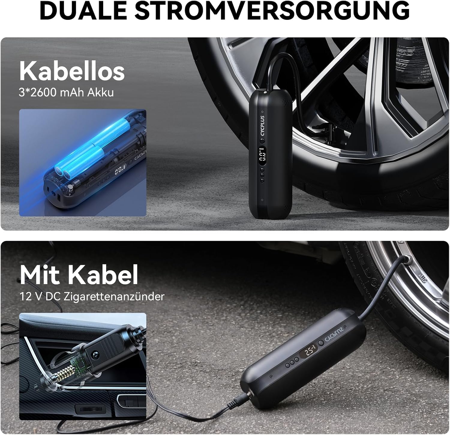 CYCPLUS Luftpumpe,12V DC/AC 2-in-1,Max I50PSI Automatische Abschaltung Elektrischer Kompressor Tragbar Fahrradpumpe Mini Reifenpumpe für alle Fahrräder Motorräder und Autos – Bild 4