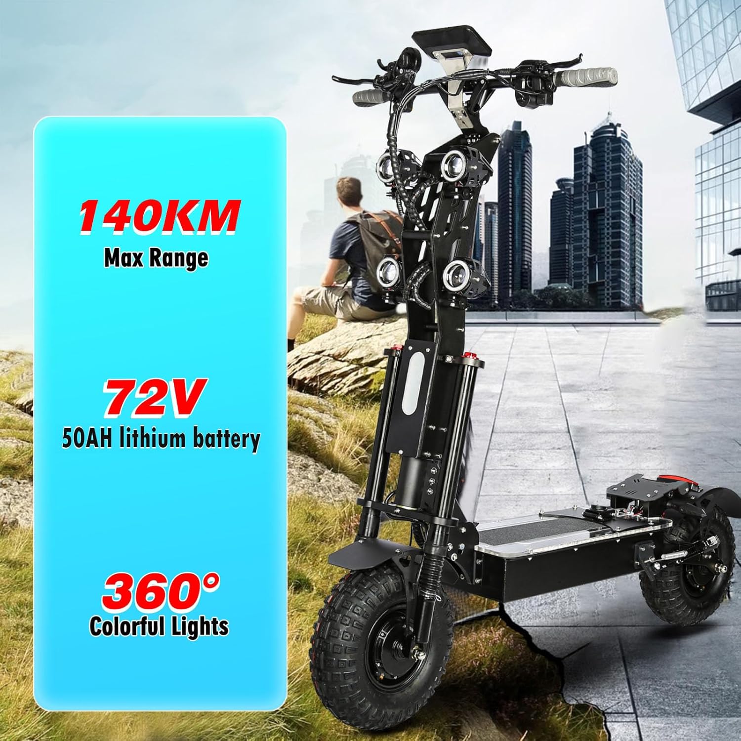 HWWH P4 E Scooter Electric Scooter Fast Adult 13 Inch 3-Speed Gear Double Motor NFC Start 72 V/50 Ah Lithium Battery Max Range 140 km – Bild 4