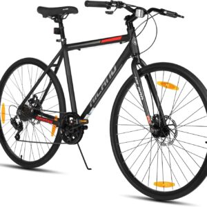 Hiland 700C Road Bike Men and Women, Aluminium Frame, 7 Speed Road Bike with Double Disc Brakes, Frame Height 530 mm/570 mm, 28 Inch Road Bike for Commuting, Black/Red/Silver
