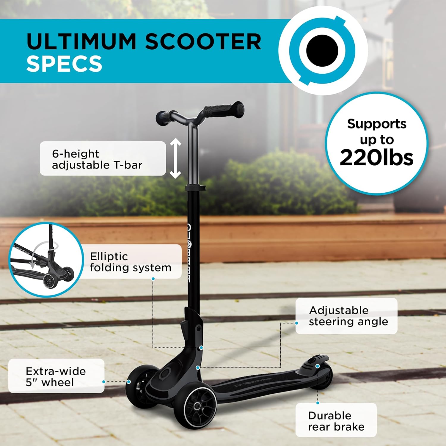 GLOBBER ULTIMUM – Tretroller Kinder Erwachsene, 125/90 mm extra breit, ABEC 7, 3-rädrig, höhenverstellbar – Bild 3