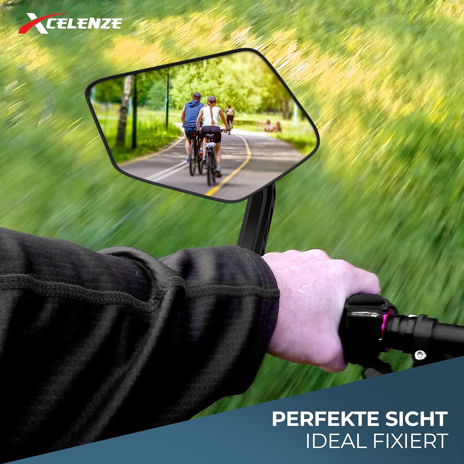 Xcelenze - Bicycle mirror, extra large mirror surface, impact-resistant real glass, for handlebar ebike, rear view mirror, bicycle mirror for e-bike, foldable (left handlebar end) – Bild 5