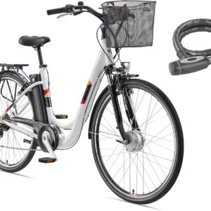 TELEFUNKEN E-Bike Elektrofahrrad Alu 28 Zoll mit 7-Gang Shimano Kettenschaltung, Pedelec Citybike leicht mit Fahrradkorb und Fahrradschloss, Frontmotor, 374,4 Wh Akku, max. 100 km Reichweite