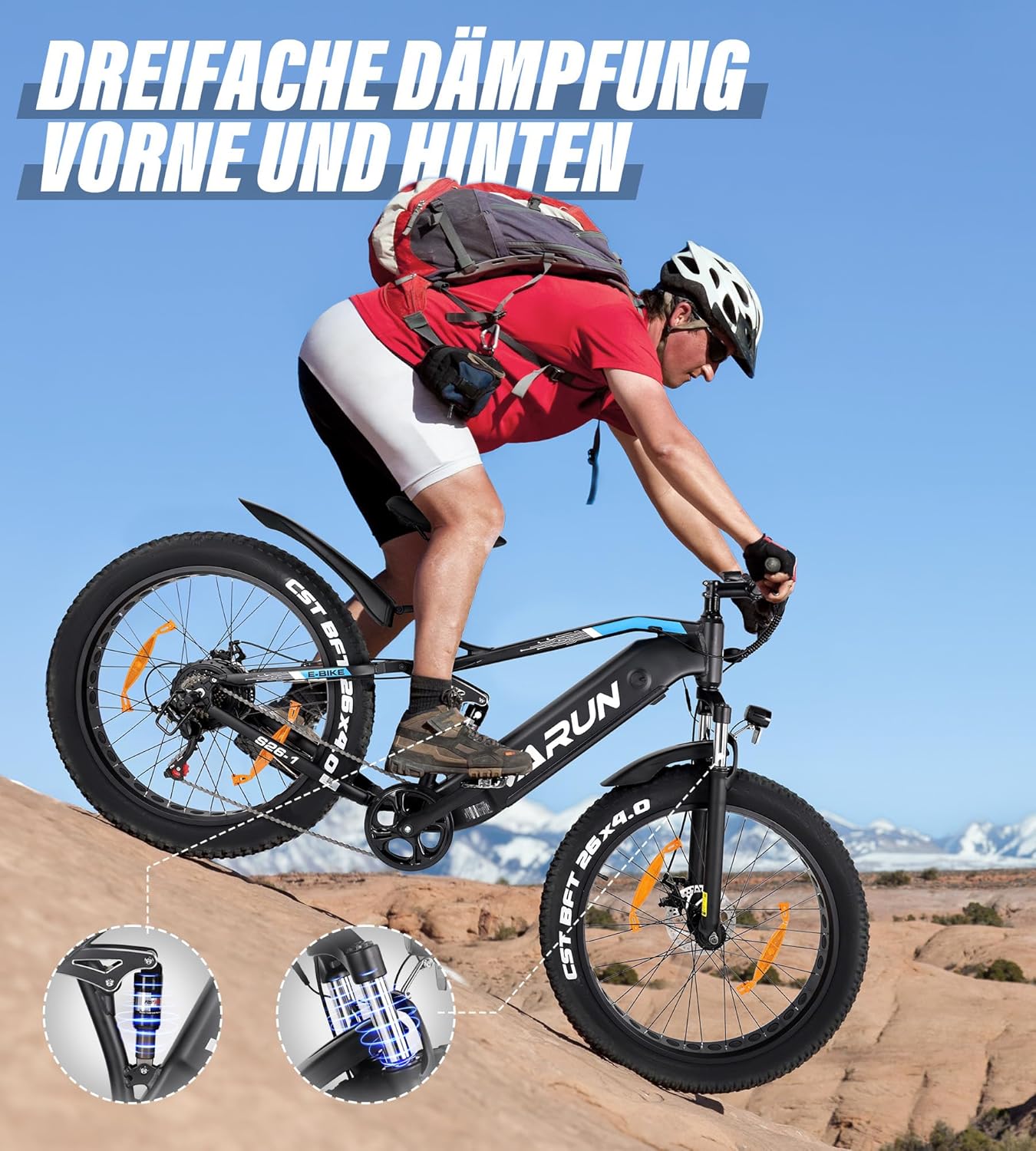 VARUN E Bike, Men's E-Bike with 26 x 4.0 Inch Fat Tire, 48 V 18 Ah Battery, Up to 150 Km, 85 Nm 250 W Motor, Off-Road Ebike Mountain Bike with Full Suspension, 7-Speed, All-Terrain Electric Bicycle – Bild 5