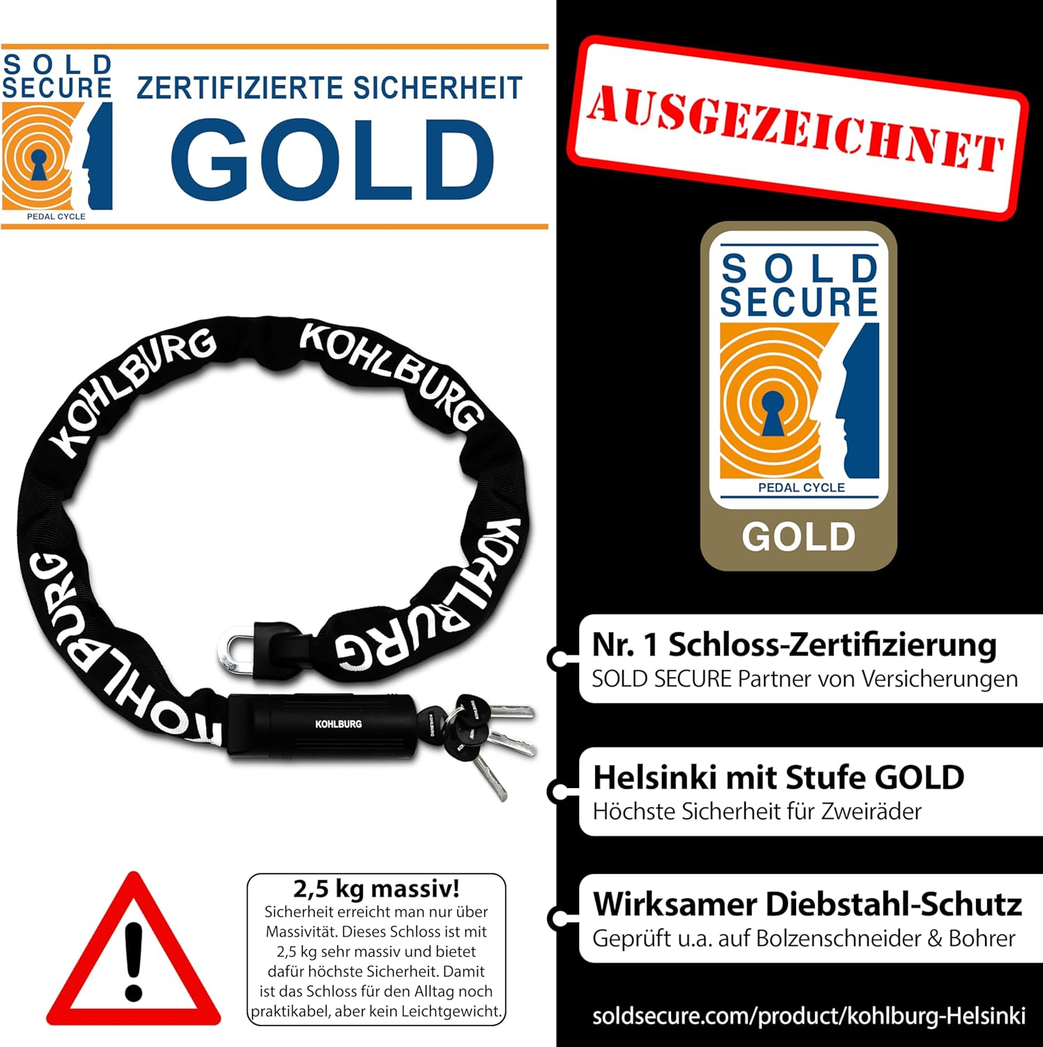 KOHLBURG Security Chain Lock 125 cm Long with 8.3 mm Thick 4-Edge Chain Made of Hardened Special Steel - Secure Bicycle Lock with 4 Keys for E-Bike Bicycle and Motorcycle – Bild 5