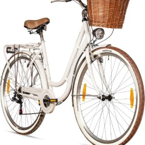 Bergsteiger Marseille 26, 28 Inch Women’s Bike, from 150 cm, Rattan Basket, Bicycle Light, Women’s City Bike, Women’s Bike in Retro Design, 6 Speed Tourney Gears, Derailleur Gear