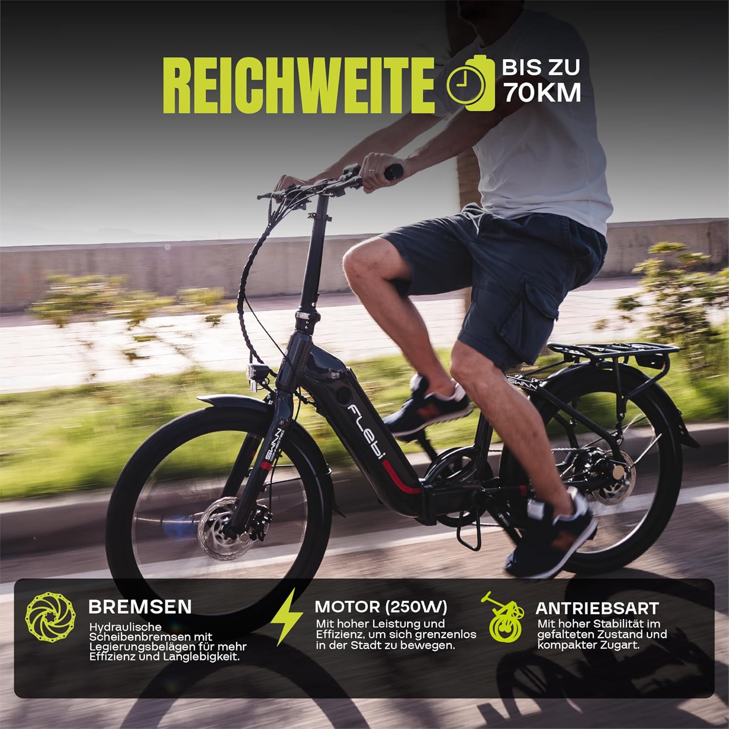 Flebi Swan Electric Bicycle Foldable 24 Inches | Range 70 km | Removable Battery 10.4 Ah / 374 Wh | 7 Gears | Unisex E-Bike for Adults and Teenagers Compact and Lightweight for Men and Women – Bild 3