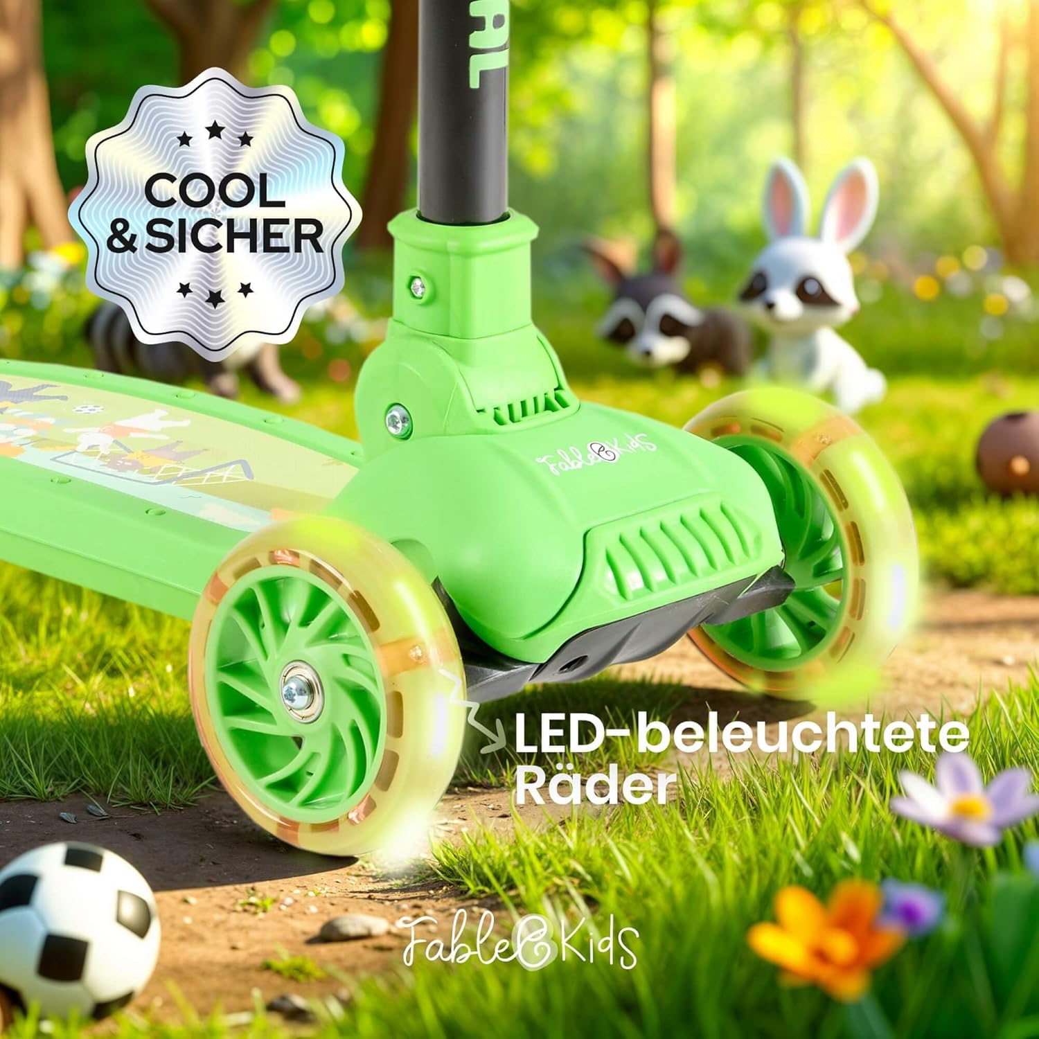 FableKids Children's Scooter City Scooter Height Adjustable Foldable LED Wheels Kick Brake for Toddlers from 3 Years Maximum Load 50 kg