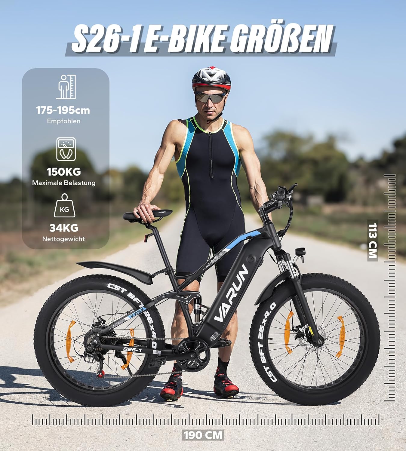 VARUN E Bike, Men's E-Bike with 26 x 4.0 Inch Fat Tire, 48 V 18 Ah Battery, Up to 150 Km, 85 Nm 250 W Motor, Off-Road Ebike Mountain Bike with Full Suspension, 7-Speed, All-Terrain Electric Bicycle – Bild 6