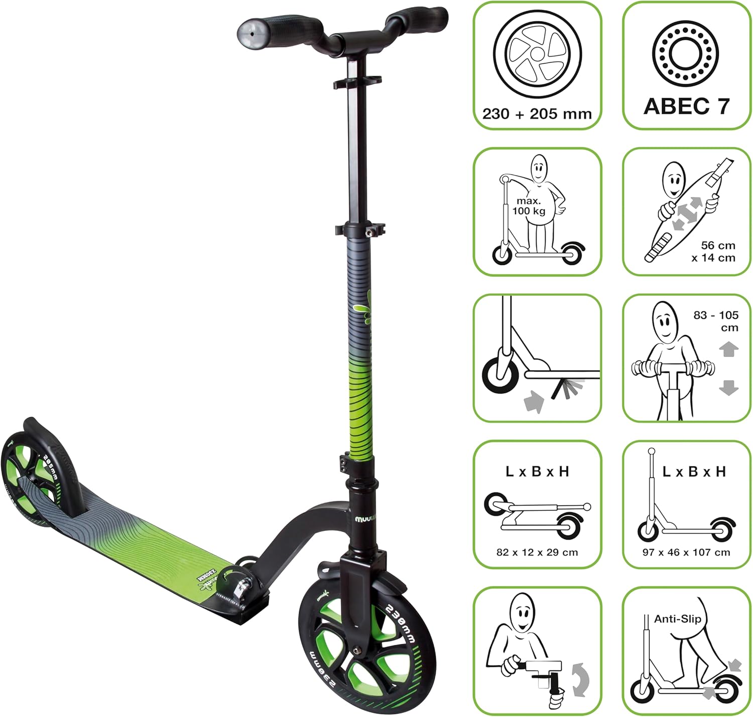 muuwmi Aluminium Scooter Pro - Scooter 230/205 mm, ABEC 7, GS Approved, Height Adjustable, XL Deck, BMX Handlebars – Bild 2
