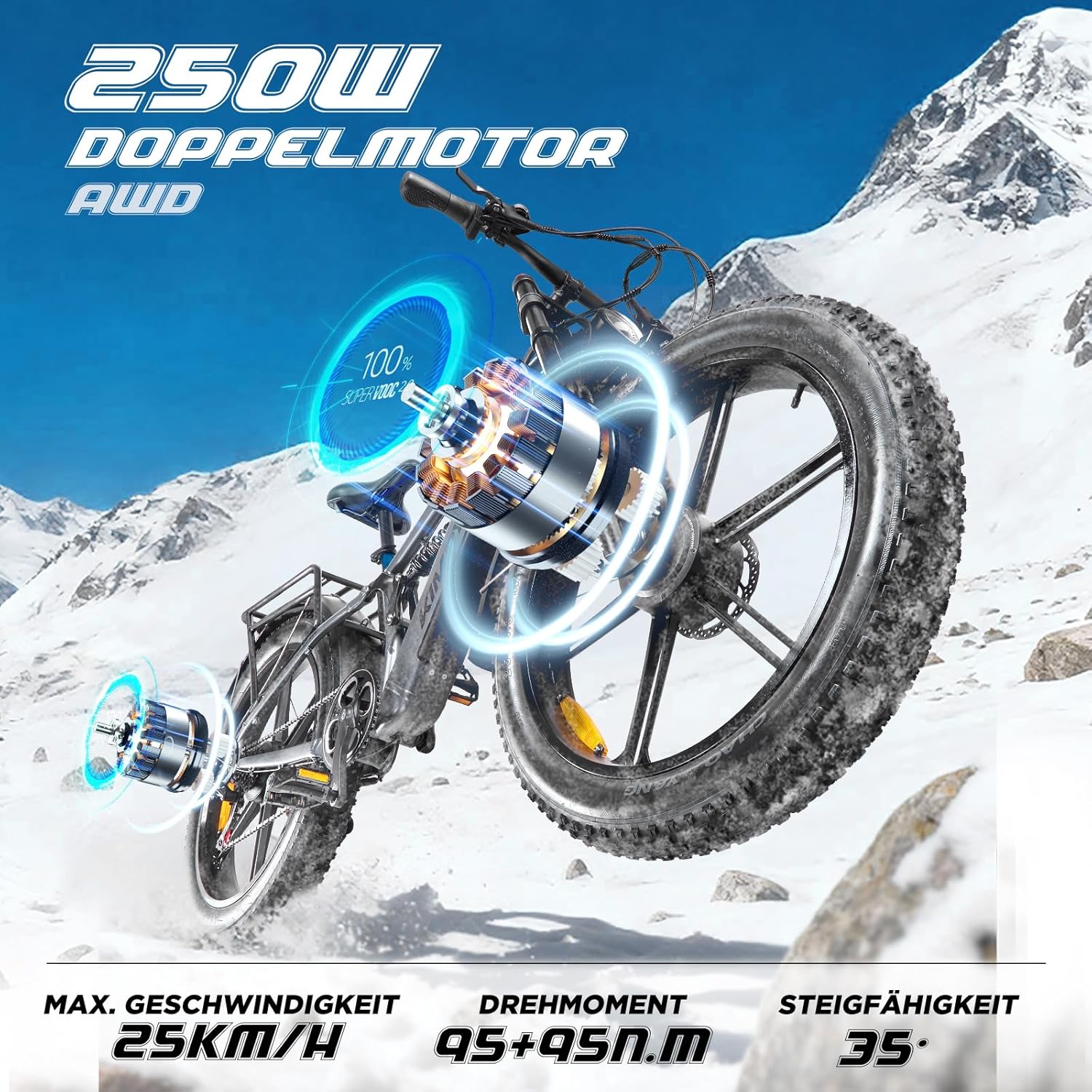 Double Motor 190 N.m E Bike Electric Bikes Men Women Ebike 48 V 20 Ah (960 Wh) Battery up to 100 km, 26 x 4 Inch Electric Bike 7-Speed Gear with LCD Display Full Suspension E Bike, K03 – Bild 3