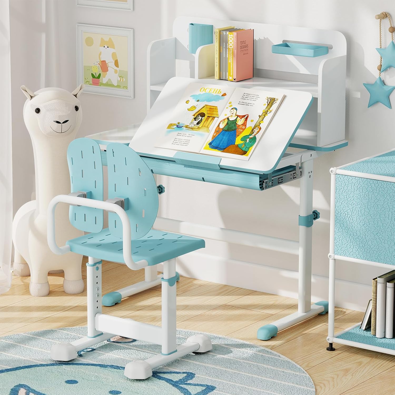 COSTWAY Children's Desk Chair, 29.5-37.5 cm Height Adjustable, Children's Desk Chair with Double Backrest, Armless Office Chair without Wheels, Children's Chair for Boys and Girls from 3 Years (Blue) – Bild 9