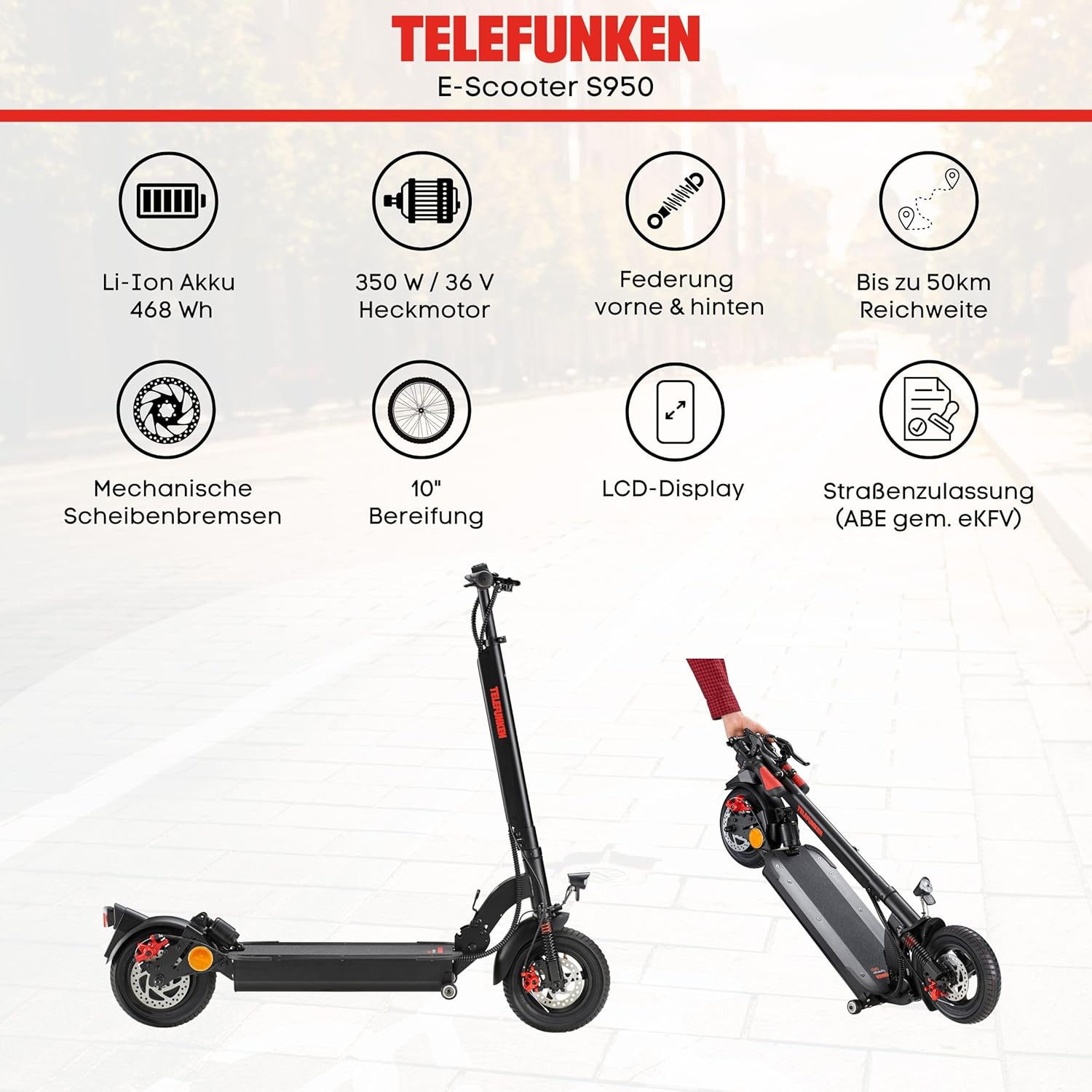 Telefunken Synergie S950 E-Scooter with Road Approval ABE Full Suspension Electric Scooter with 50 km Range, 10 Inch Pneumatic Tyres and Disc Brakes – Bild 3