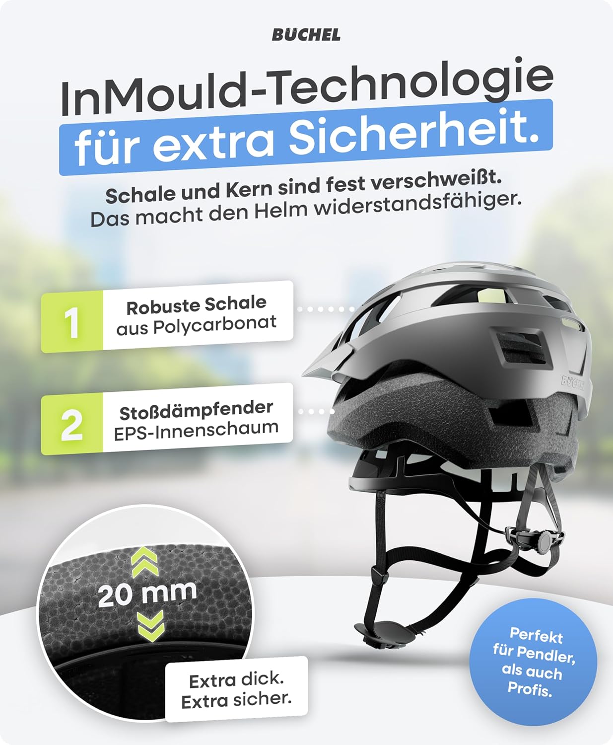 BÜCHEL Bicycle Helmet with In-Mould Technology & Cam Lock - Helmet for Children, Women and Men, with Chin Padding and Washable Fly Net - Bicycle Helmet 52-57 cm & 58-61 cm | Black, White, Grey – Bild 5