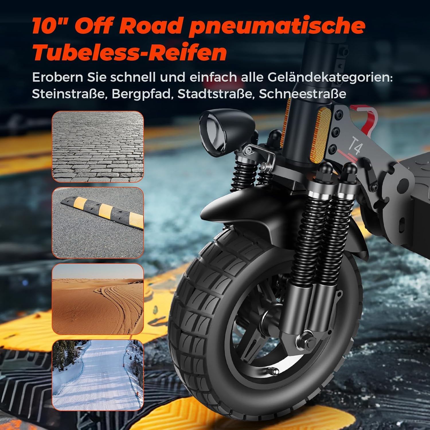 E Scooter with 10 Inch Offroad Pneumatic Tyres, 4 Comfortable Shock Absorption Systems, Electric Scooter with Road Legal Battery 12.5 Ah Max 70 km Eco Range, Max Load Capacity 150 kg, App Lock Vehicle – Bild 5