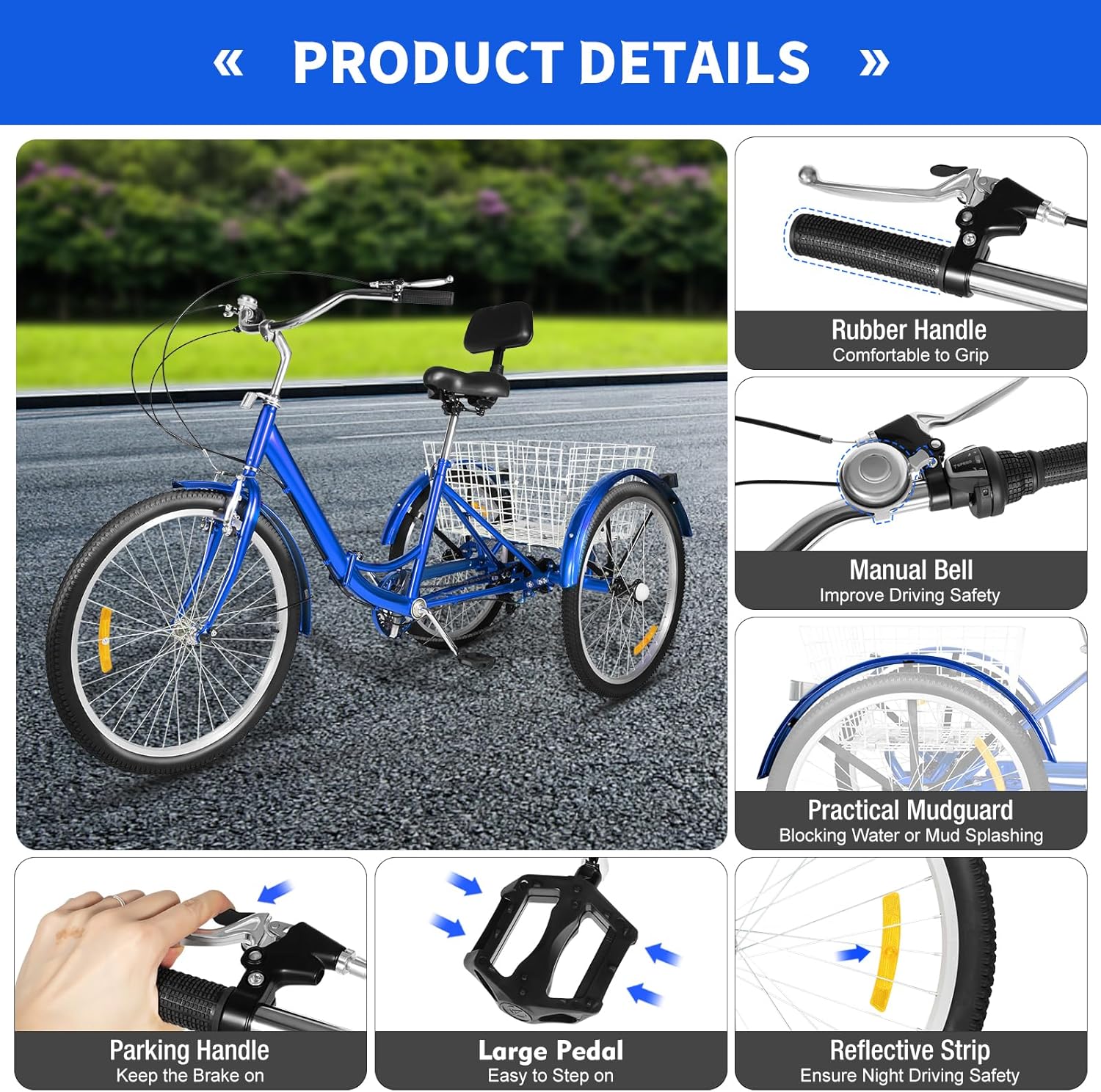 24 Inch Tricycle for Adults, 7-Speed Folding Bike, 3-Wheel Bicycle, with Shopping Basket and Backrest Seat Cushion, Suitable for Adults, Seniors and Beginners – Bild 6