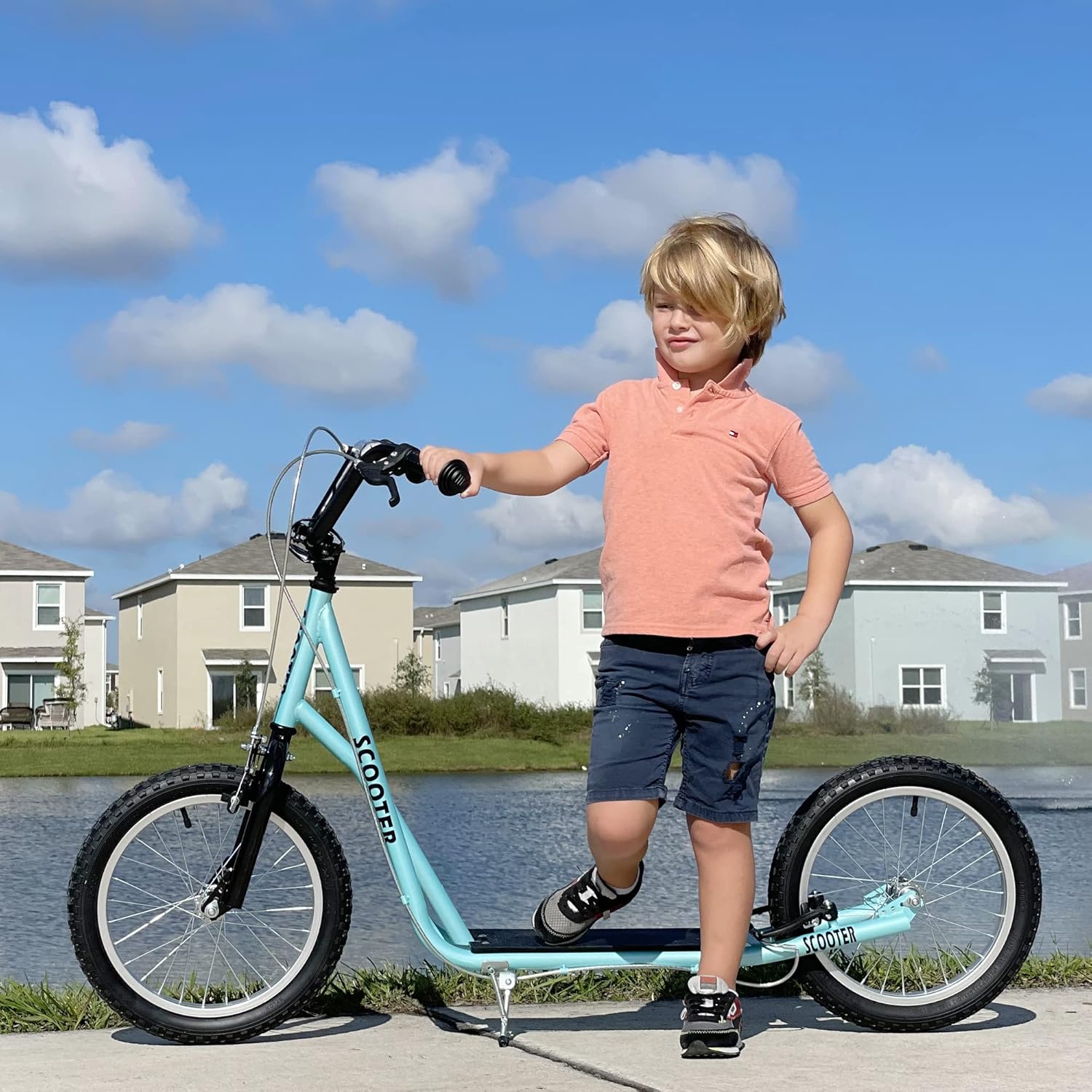 HOMCOM Children's Scooter, City Scooter, Kickboard, Pneumatic Tyres, 16 Inches, Blue/Green/White/Black, 139 x 58 x 90-96 cm – Bild 2