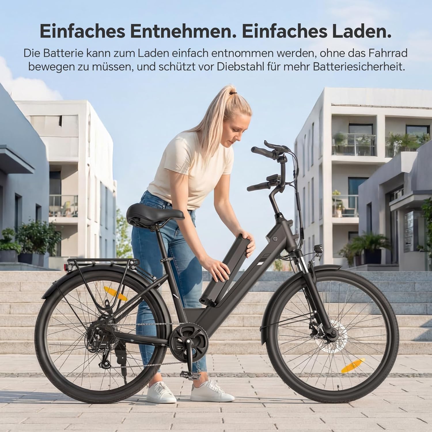 Touroll J2 ST Pro 26'' E-Bike Herren Damen, 250W City Elektrofahrrad mit Hydraulischen Scheibenbremsen, 561.6Wh Herausnehmbarer Akku bis 100km, 26 Zoll Low-Step Ebike mit Federgabel & 7 Gänge – Bild 8